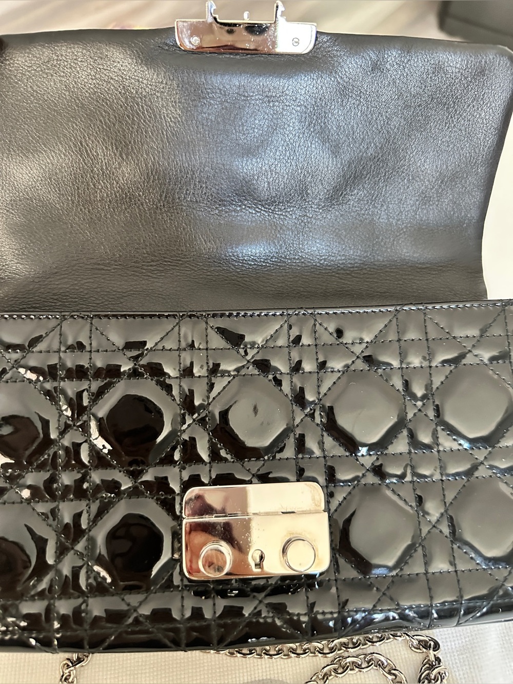 Dior Black Patent Quilted Crossbody with Silver Chain - Picture 2 of 9